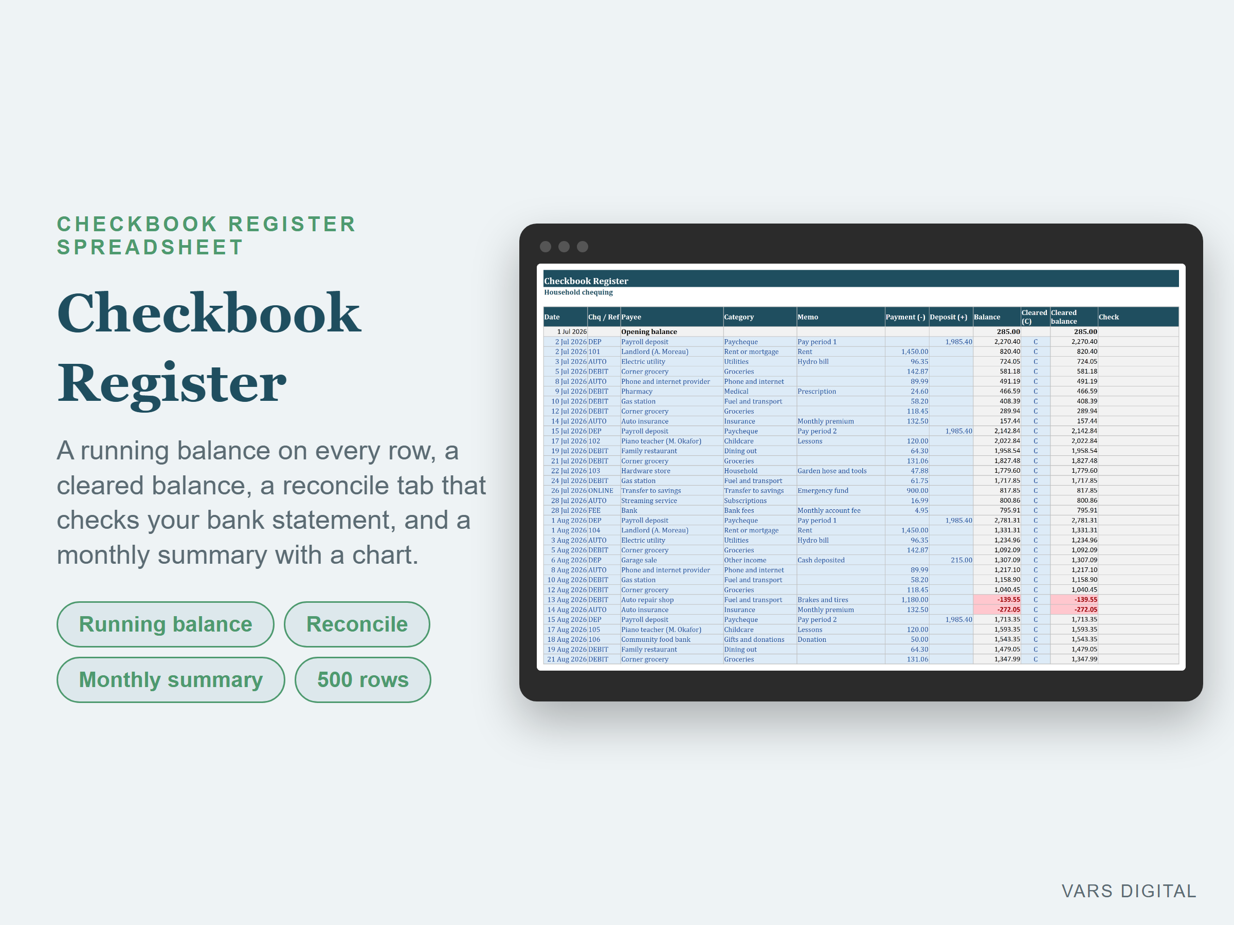 Checkbook Register Spreadsheet spreadsheet template preview