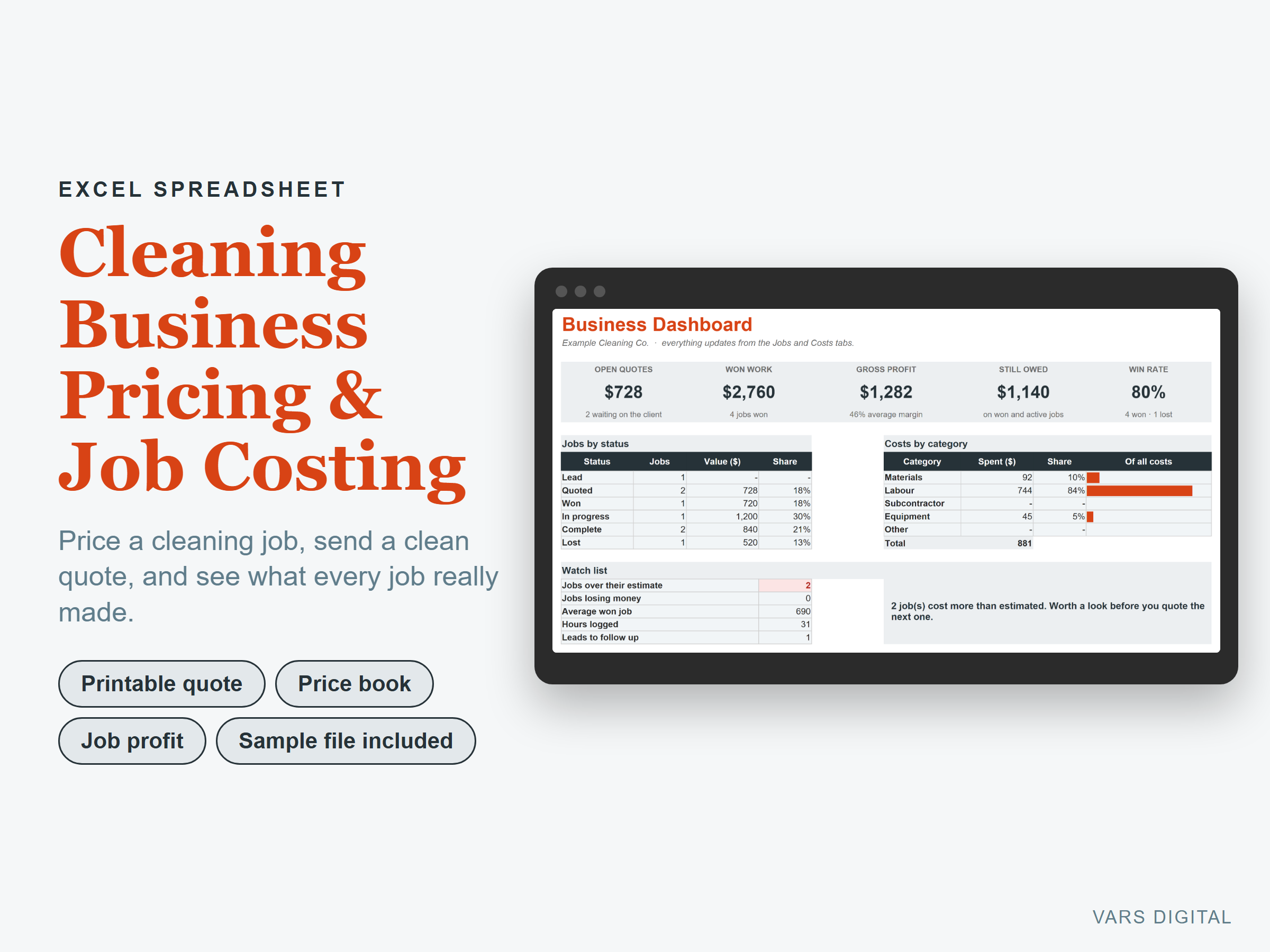 Cleaning Business Pricing & Job Costing spreadsheet template preview