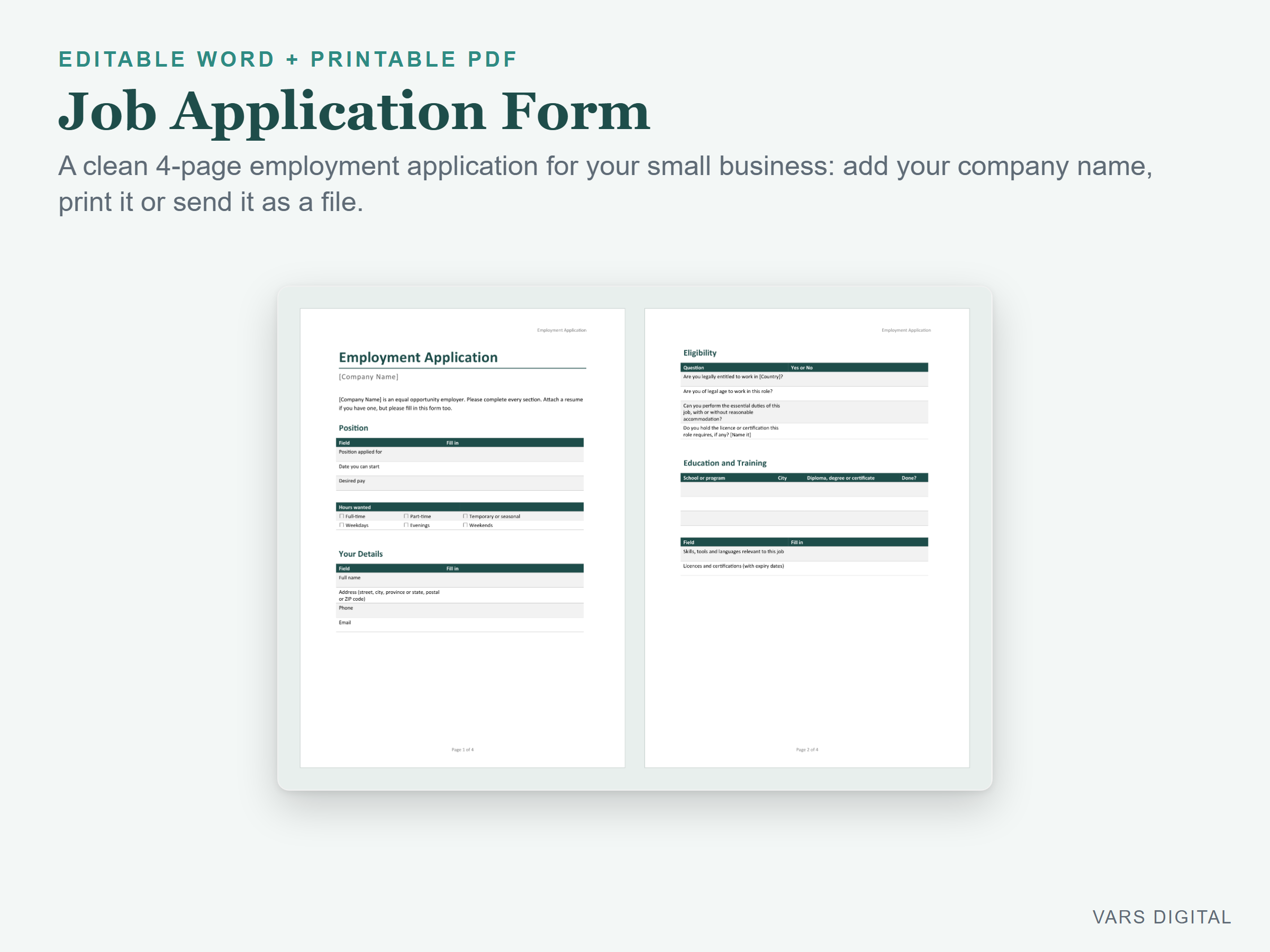Job Application Form (Word) preview