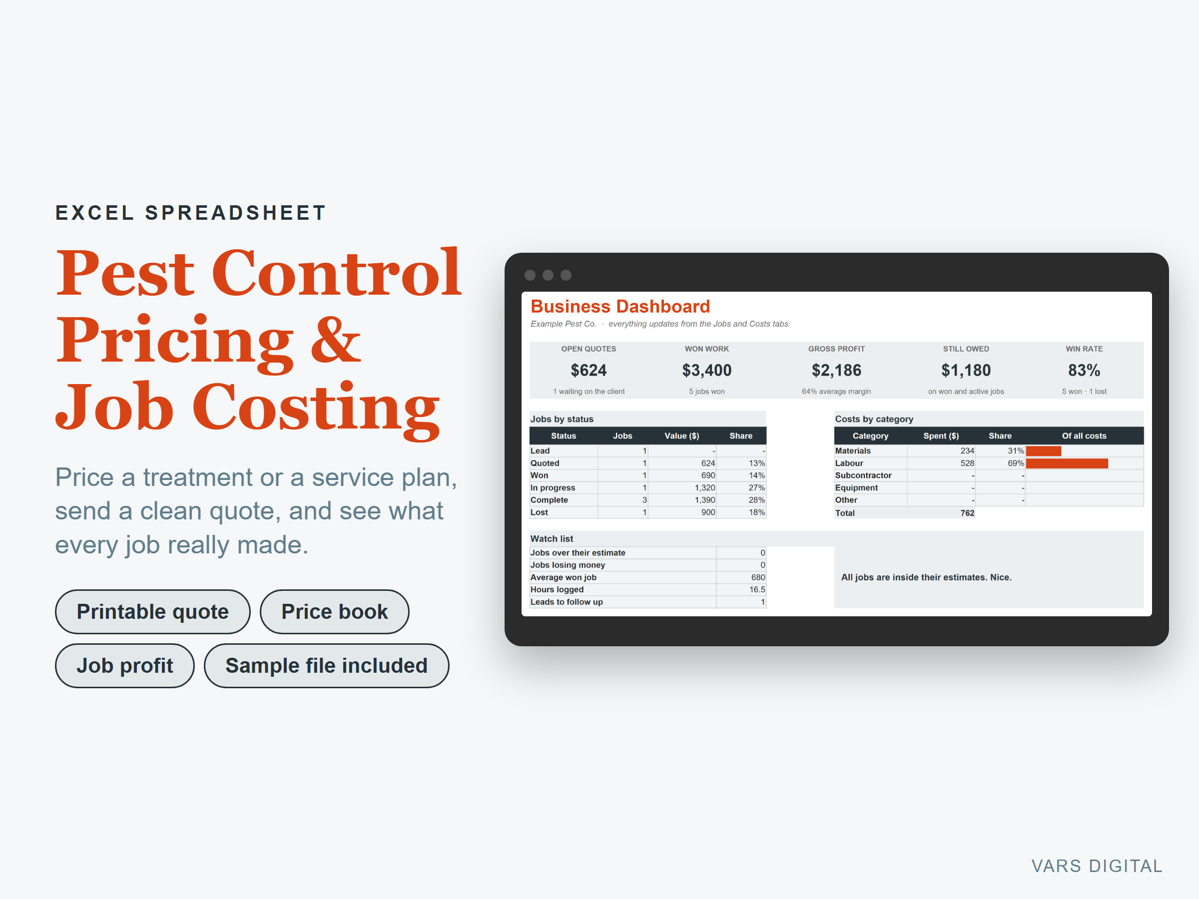 Pest Control Pricing & Job Costing spreadsheet template preview