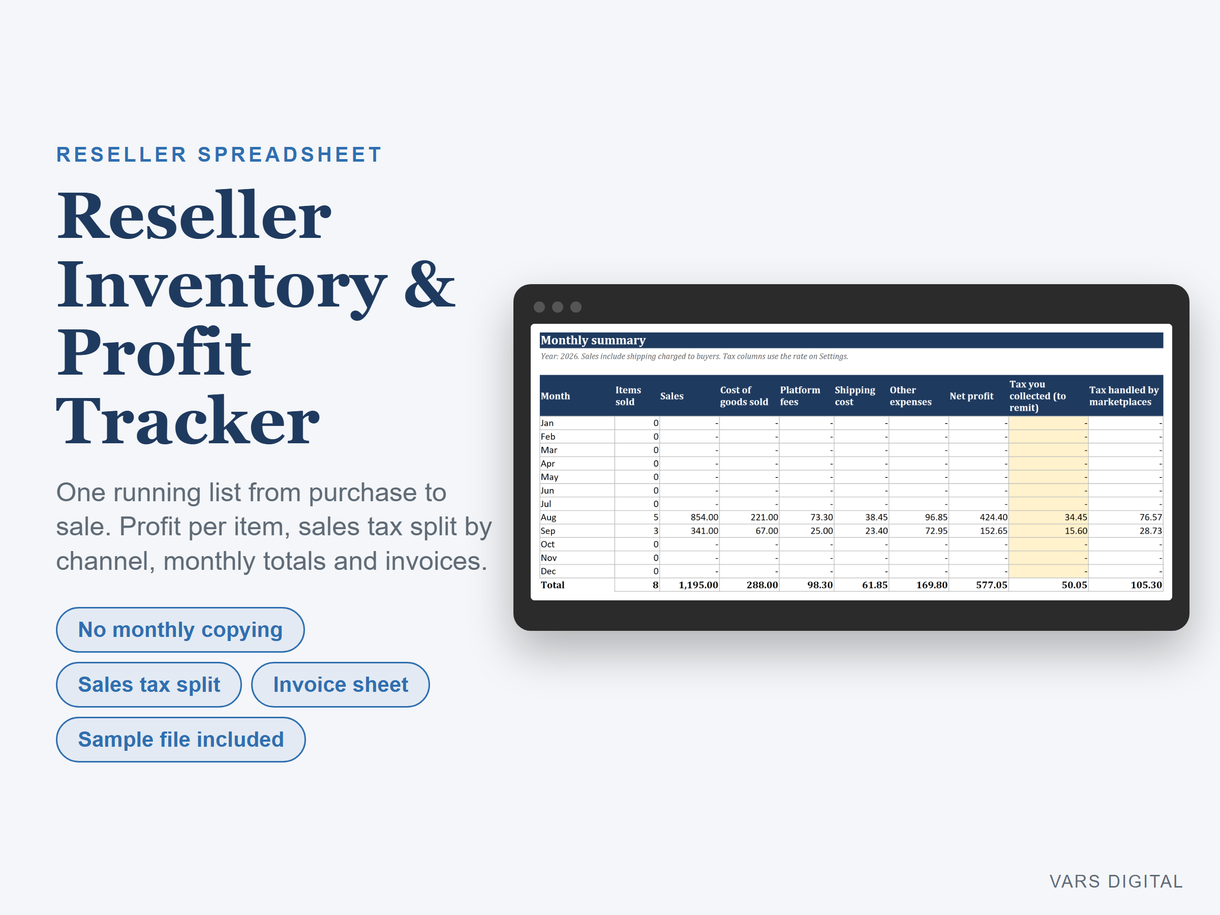 Reseller Inventory & Profit Tracker spreadsheet template preview