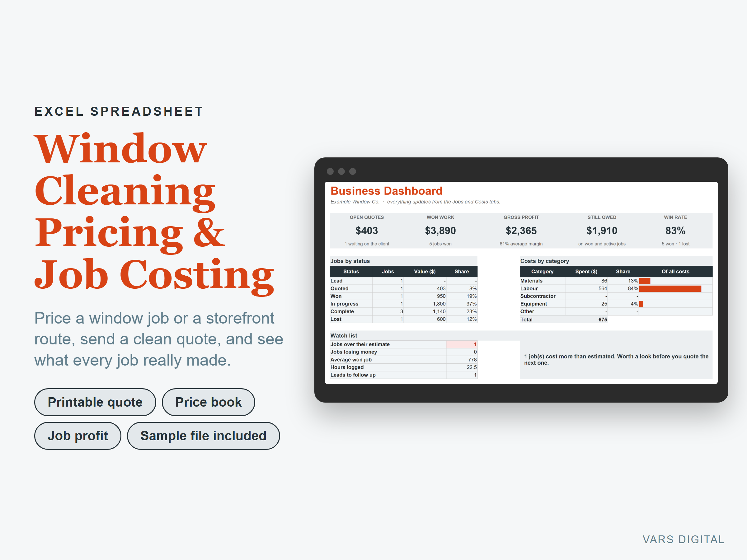 Window Cleaning Pricing & Job Costing spreadsheet template preview